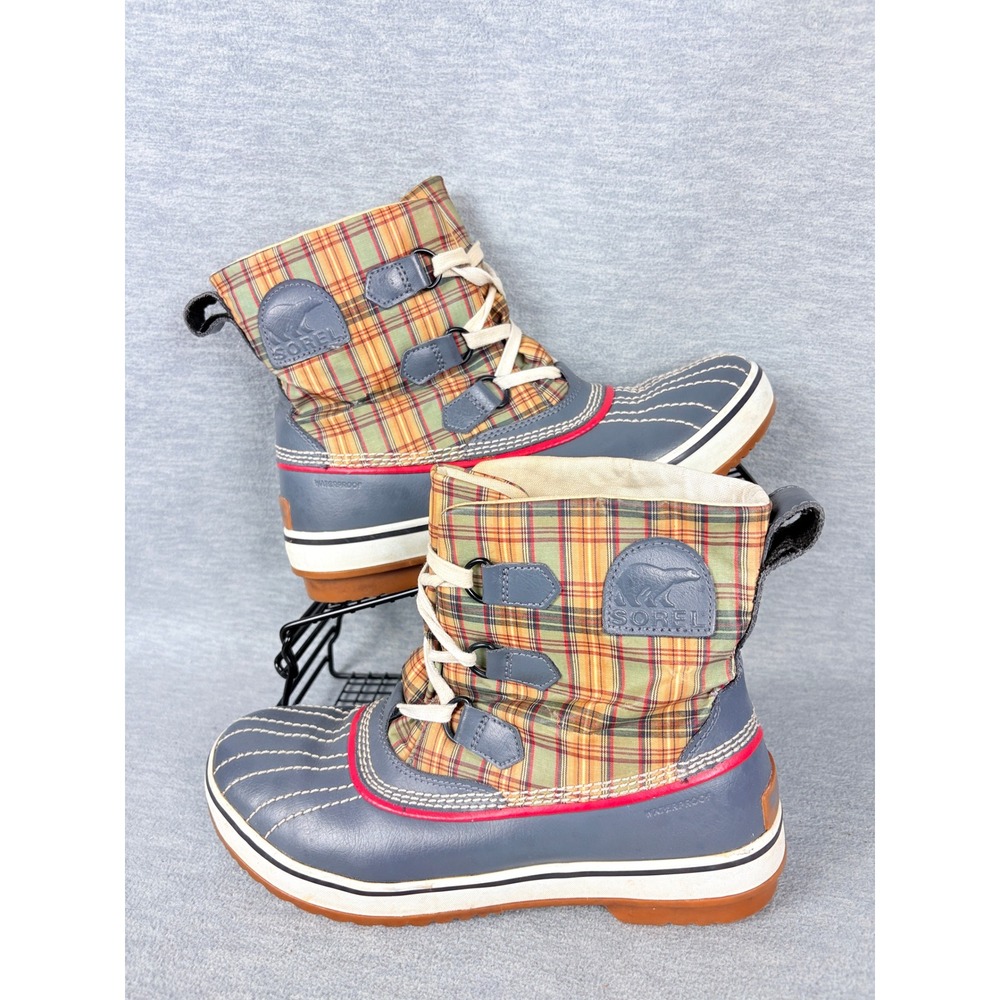 Sorel Winter Duck Boots Womens 9 Blue Orange Fancy Plaid Waterproof NL1857-028